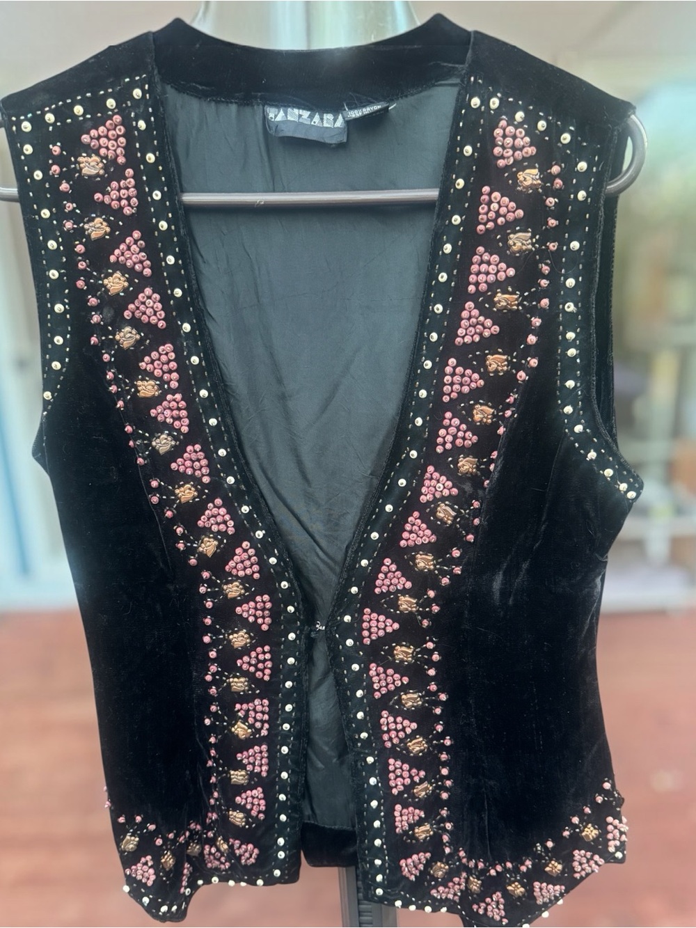 Vintage Black Velvet Beaded Vest Boho Art to Wear Festival Indie Sleeze Top SZ L